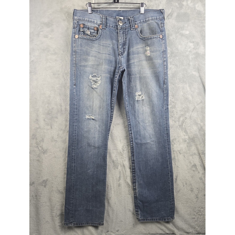 True Religion Distressed Jeans Size 36x34 Blue Straight Leg World Tour